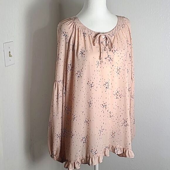 a.n.a. Light Pink Blouse, Splashes of Navy, Lace-up Neckline/Ruffles, Sz Large - Picture 1 of 11